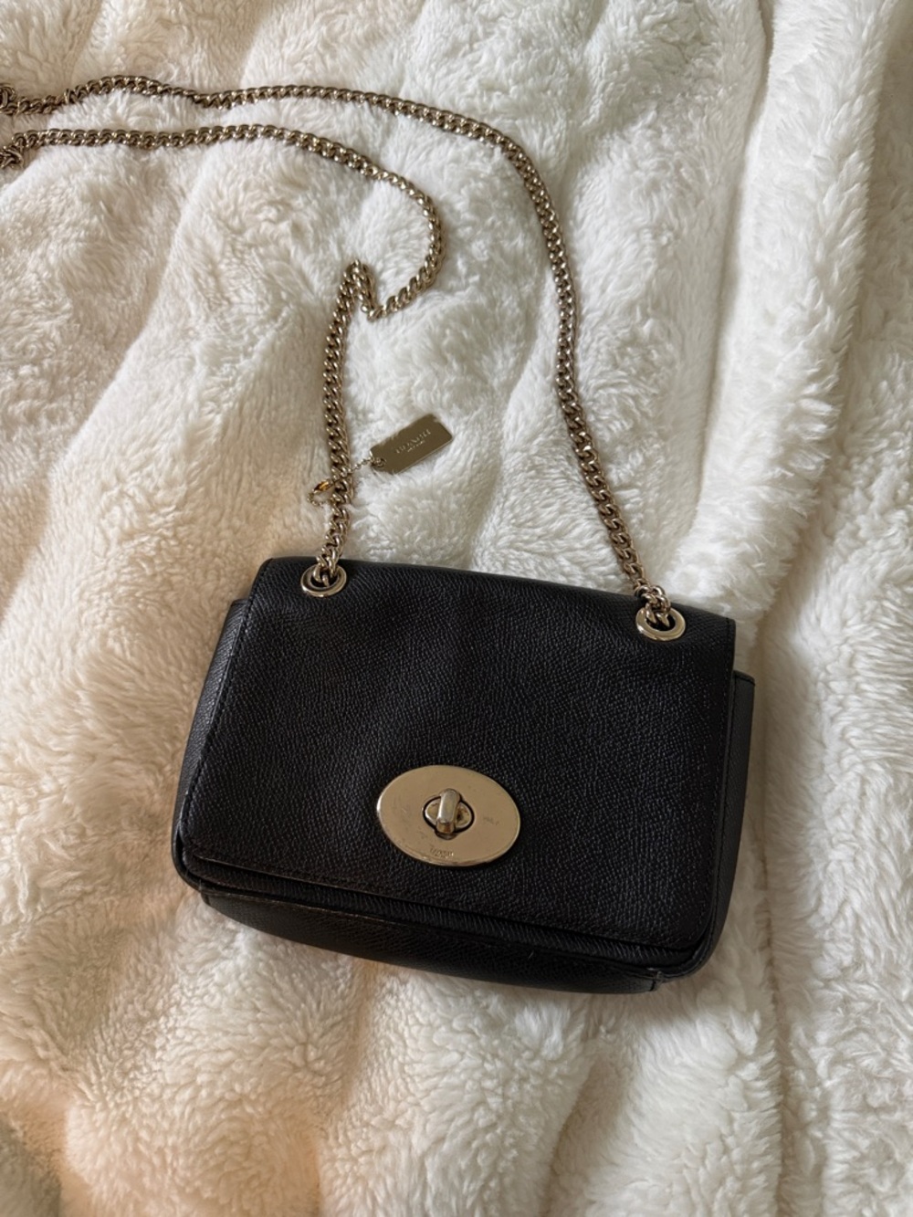 Coach Black Pebbled Leather Crossbody with Gold Chain